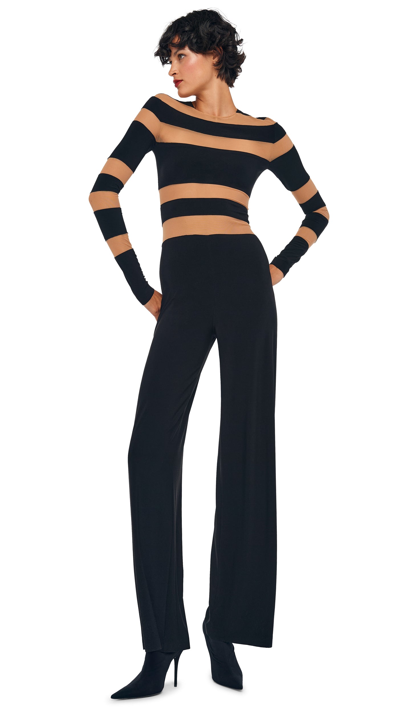 SPLICED STRAIGHT LEG JUMPSUIT Black/Nude Mesh | Norma Kamali Women