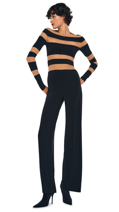 SPLICED STRAIGHT LEG JUMPSUIT Black/Nude Mesh | Norma Kamali Women