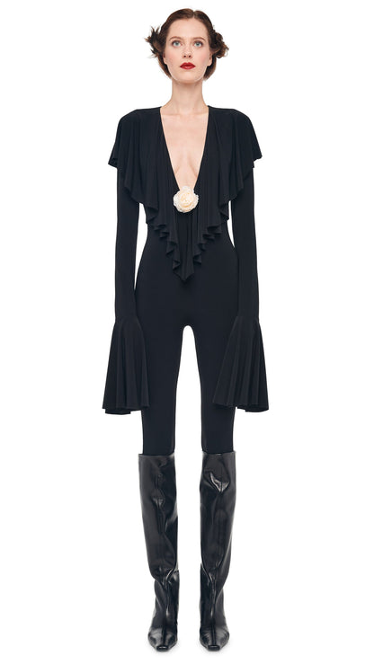 LS DEEP V RUFFLE CATSUIT W/ FOOTIE Black | Norma Kamali Women