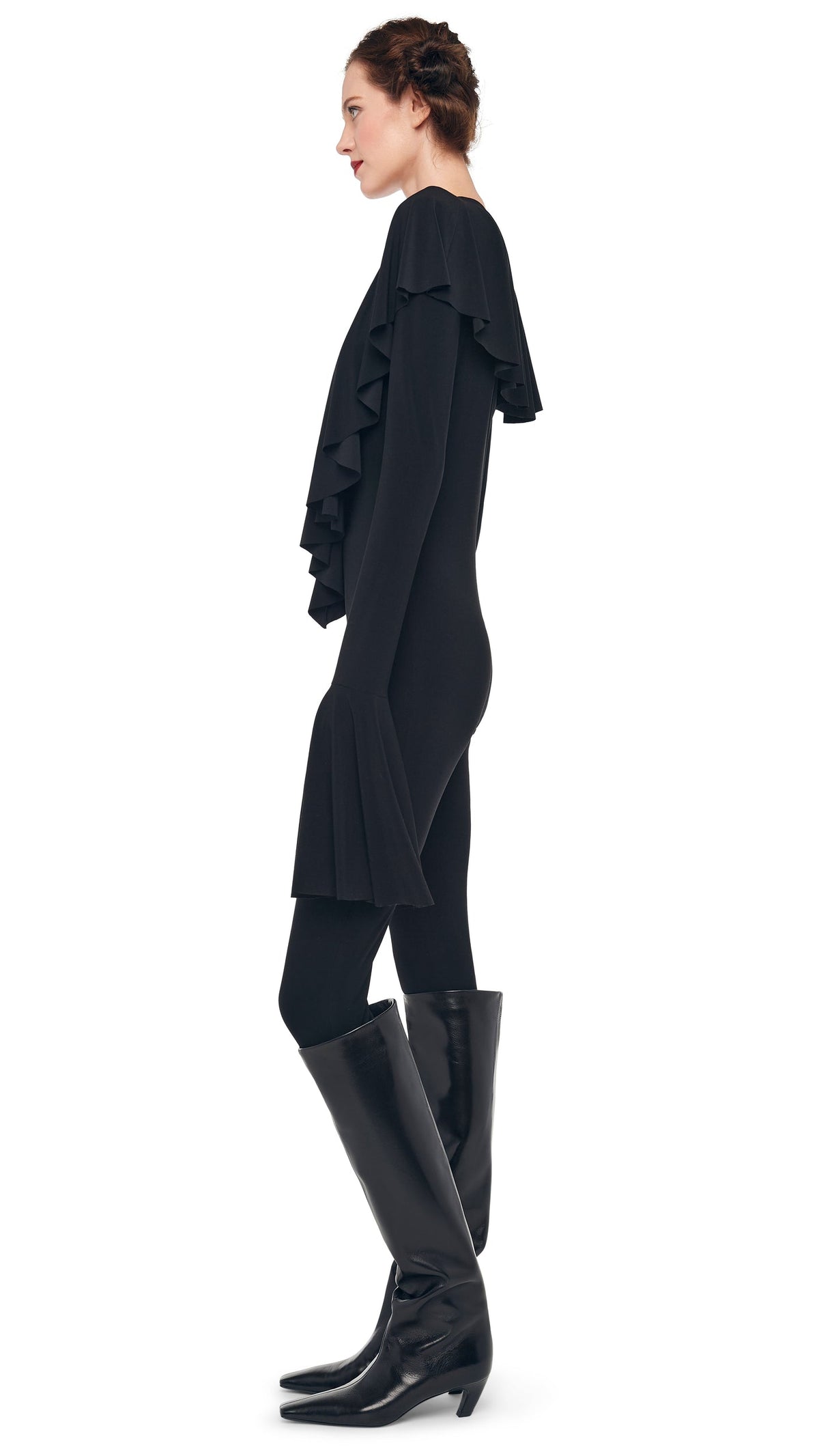 LS DEEP V RUFFLE CATSUIT W/ FOOTIE Black | Norma Kamali Women