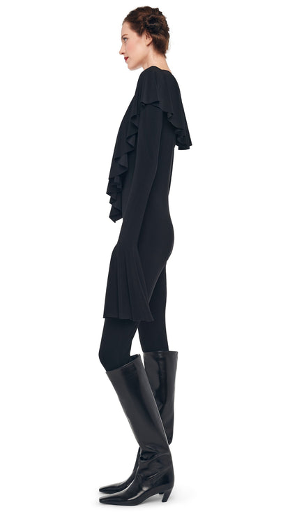 LS DEEP V RUFFLE CATSUIT W/ FOOTIE Black | Norma Kamali Women