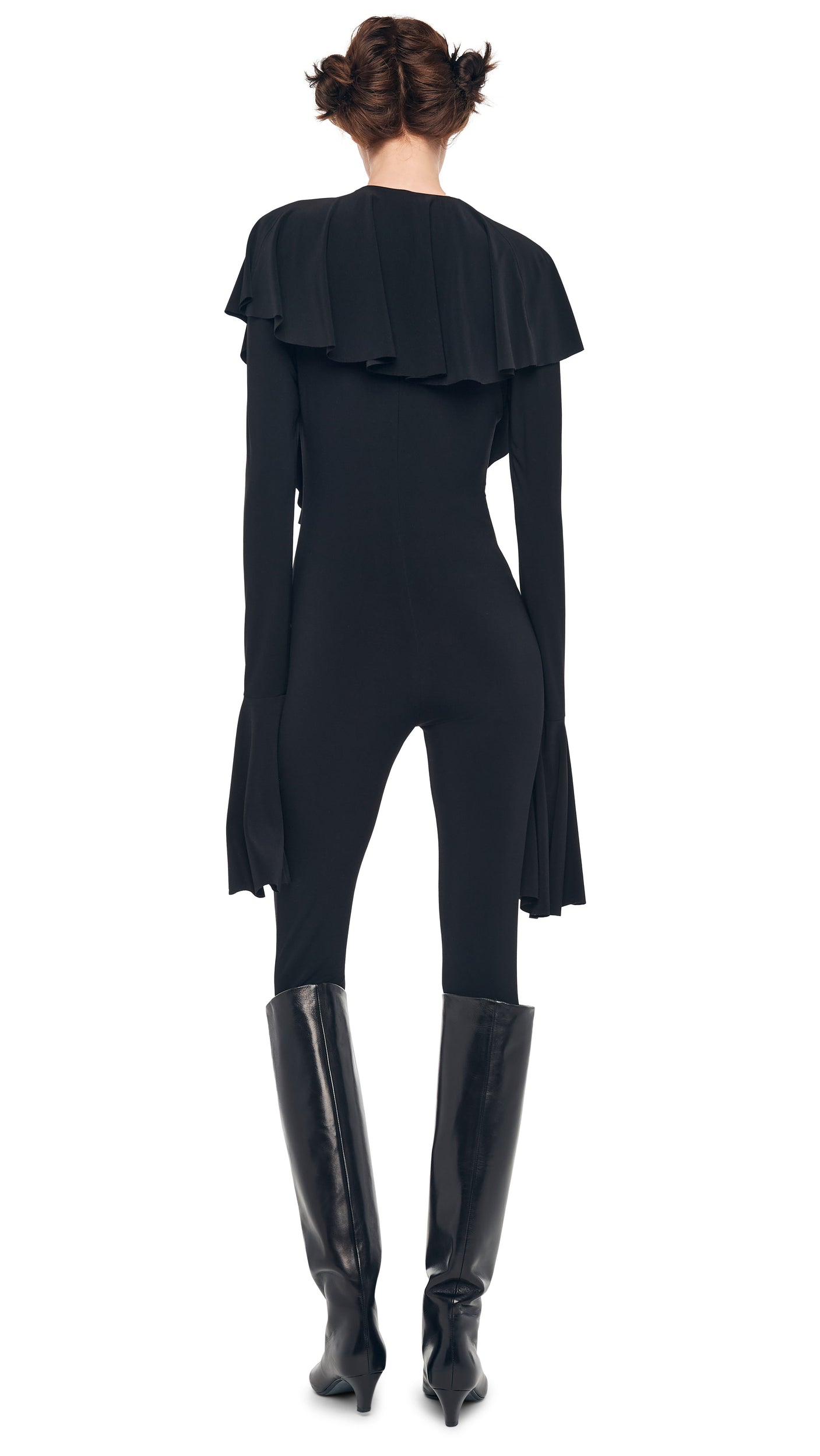 LS DEEP V RUFFLE CATSUIT W/ FOOTIE Black | Norma Kamali Women