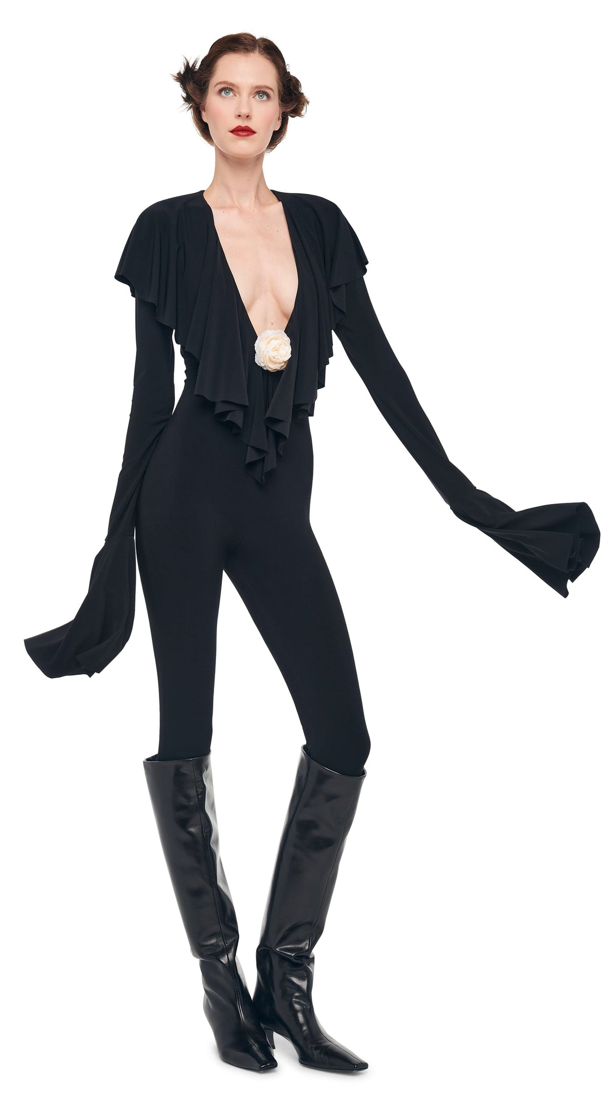 LS DEEP V RUFFLE CATSUIT W/ FOOTIE Black | Norma Kamali Women