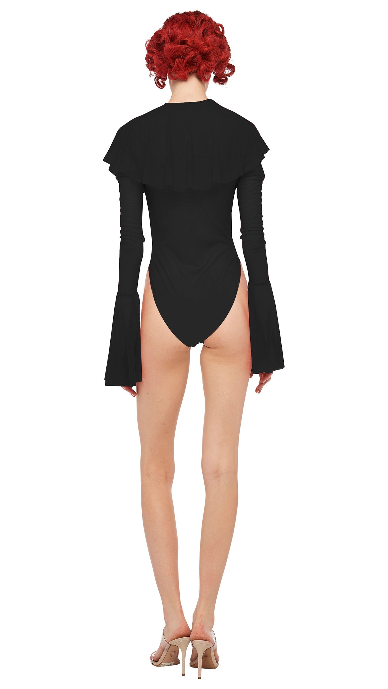 LONG SLEEVE DEEP V RUFFLE BODYSUIT Black | Norma Kamali Women