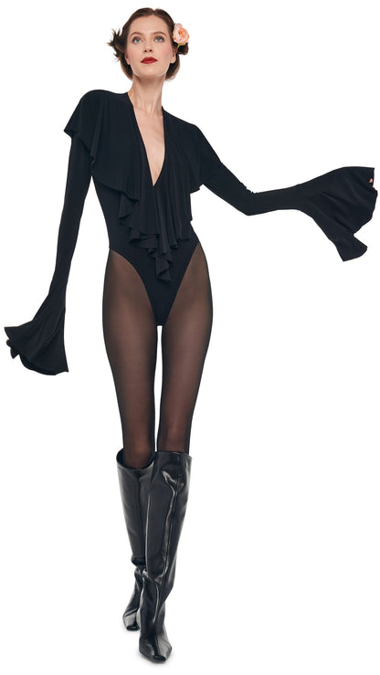 LONG SLEEVE DEEP V RUFFLE BODYSUIT Black | Norma Kamali Women