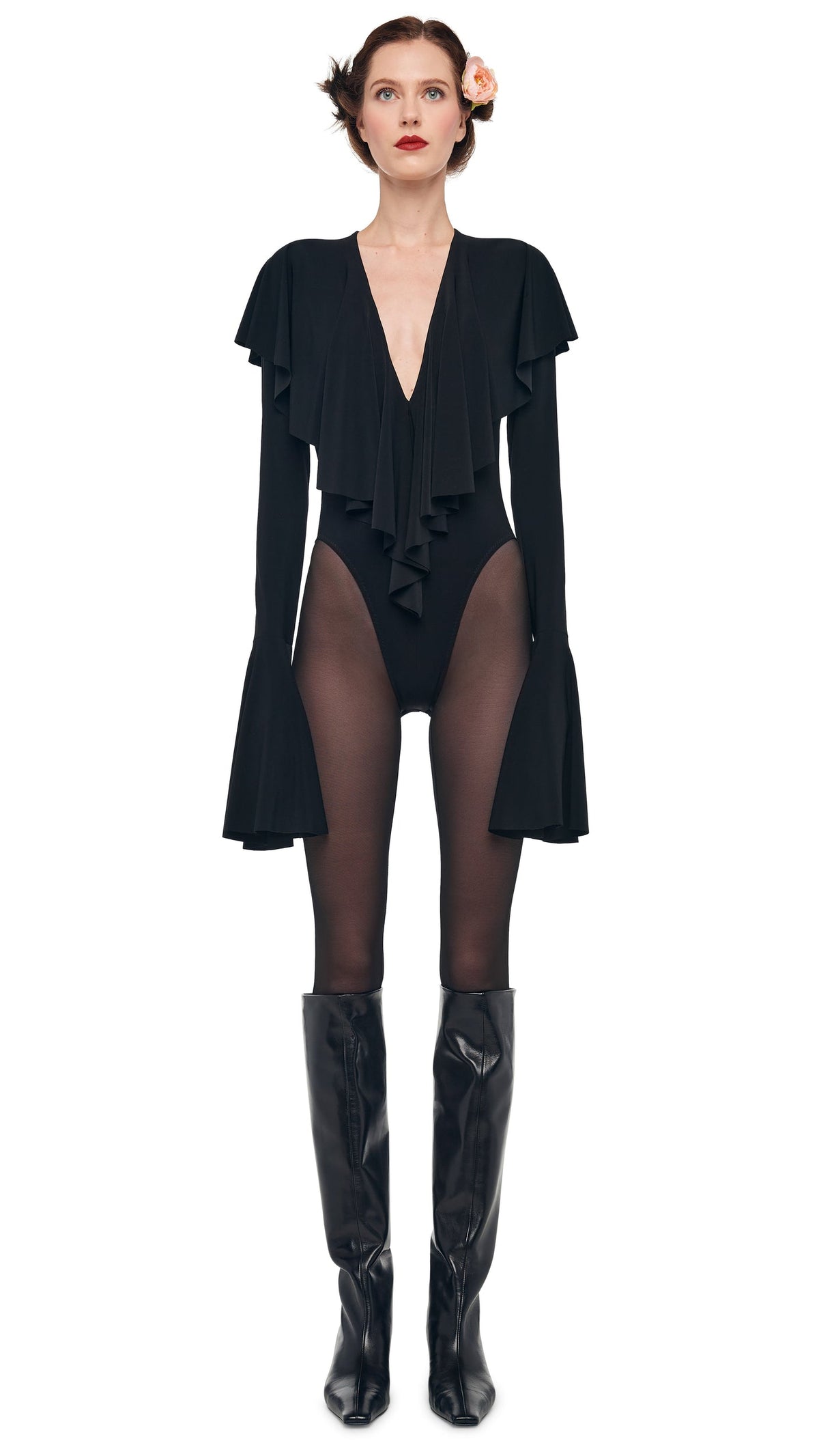 LONG SLEEVE DEEP V RUFFLE BODYSUIT Black | Norma Kamali Women