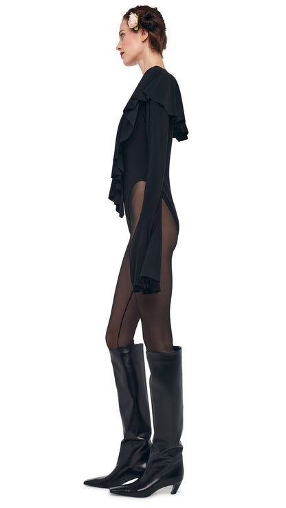 LONG SLEEVE DEEP V RUFFLE BODYSUIT Black | Norma Kamali Women