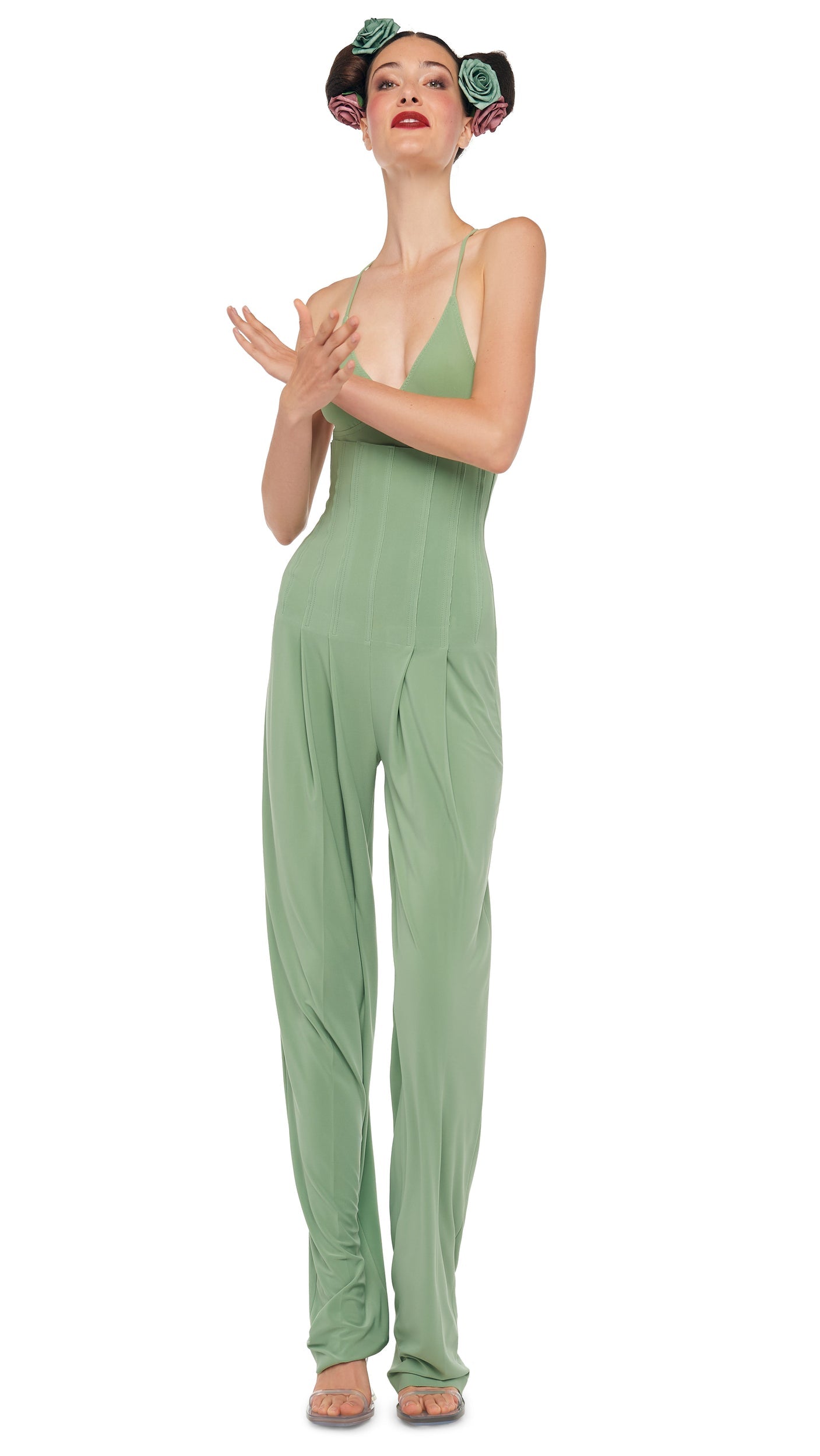 HIGH WAIST TAILORED PLEAT PANT Vintage Green | Norma Kamali Women