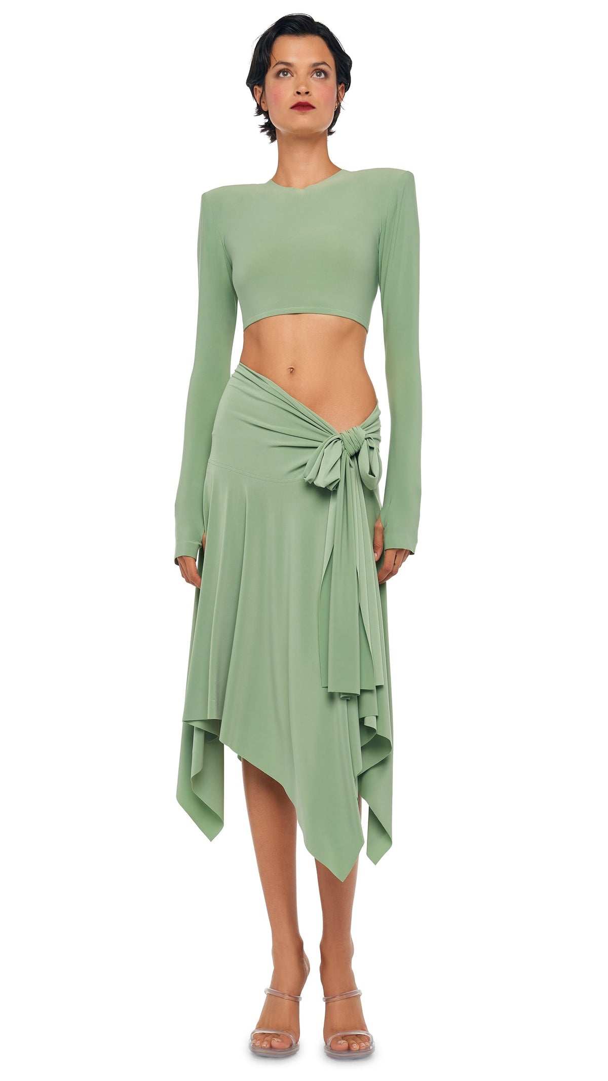 CROPPED SHOULDER PAD LONG SLEEVE CREW TOP Vintage Green | Norma Kamali Women