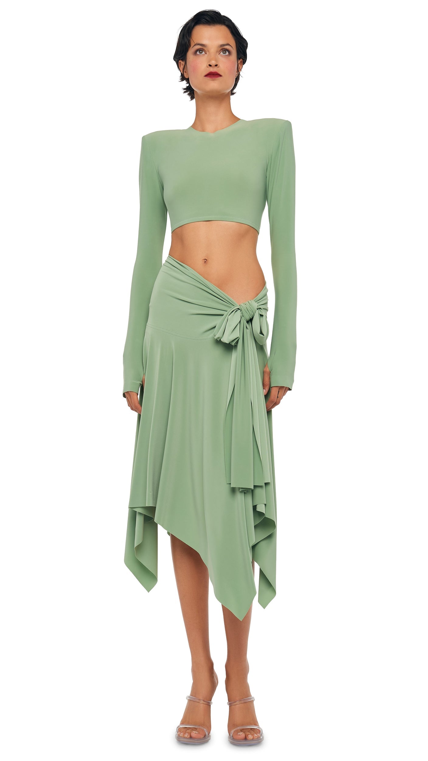 CROPPED SHOULDER PAD LONG SLEEVE CREW TOP Vintage Green | Norma Kamali Women