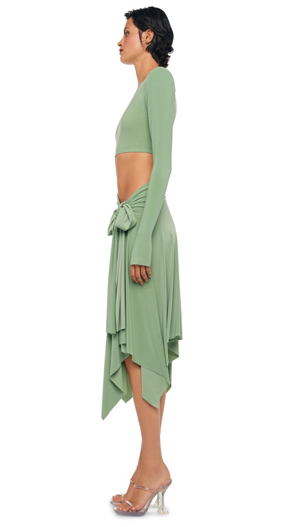 CROPPED SHOULDER PAD LONG SLEEVE CREW TOP Vintage Green | Norma Kamali Women