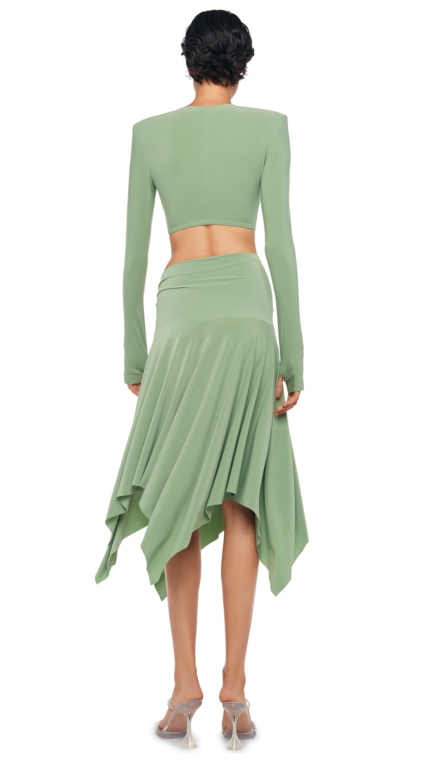 CROPPED SHOULDER PAD LONG SLEEVE CREW TOP Vintage Green | Norma Kamali Women