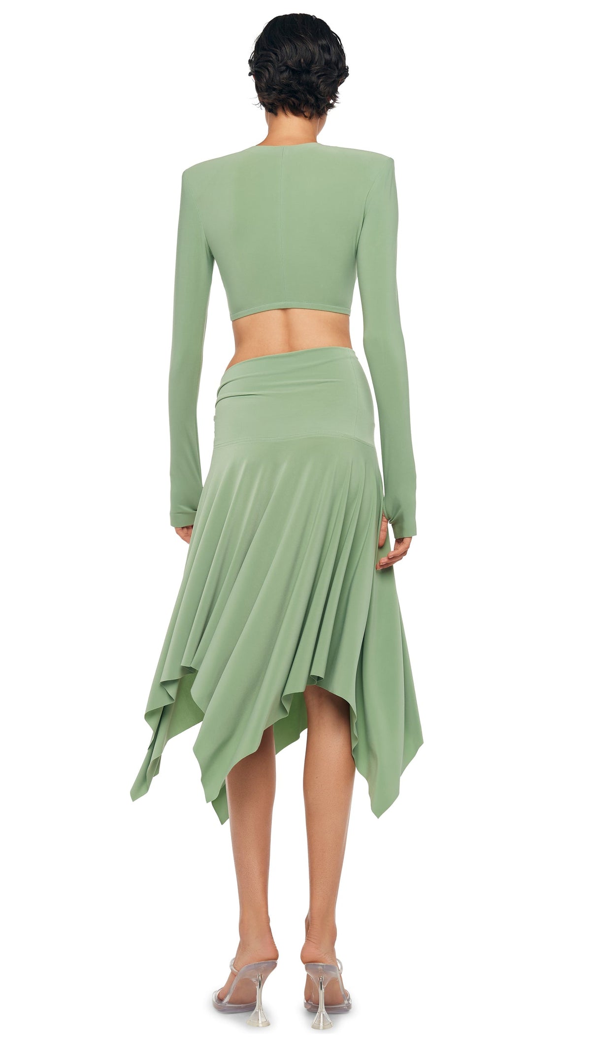CROPPED SHOULDER PAD LONG SLEEVE CREW TOP Vintage Green | Norma Kamali Women