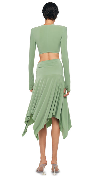 CROPPED SHOULDER PAD LONG SLEEVE CREW TOP Vintage Green | Norma Kamali Women