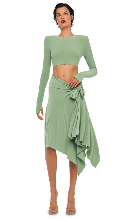 CROPPED SHOULDER PAD LONG SLEEVE CREW TOP Vintage Green | Norma Kamali Women