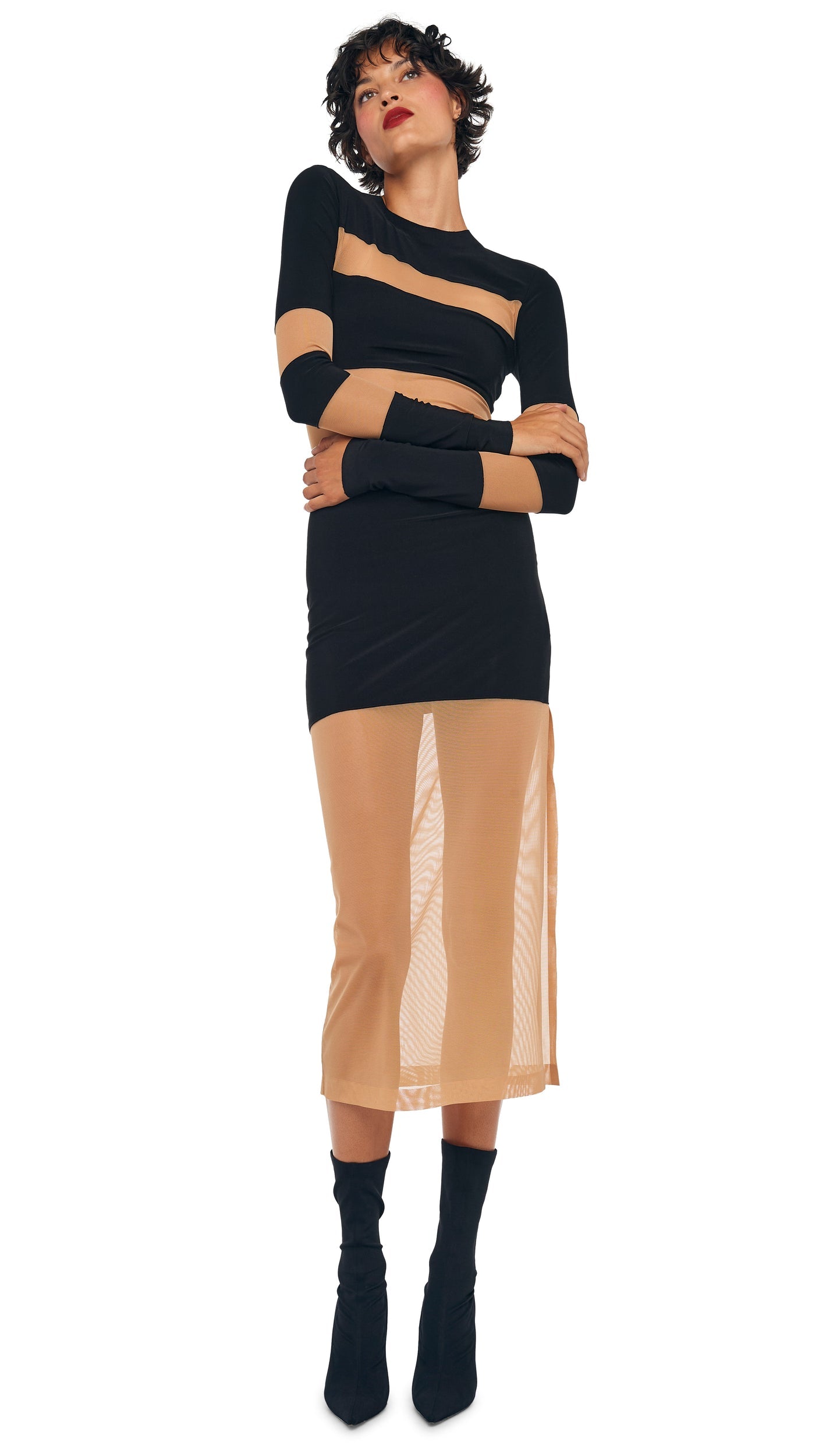 SPLICED INSERT DRESS TO MIDCALF Black/Nude Mesh | Norma Kamali Women