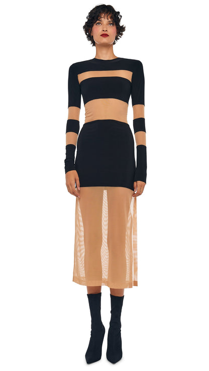 SPLICED INSERT DRESS TO MIDCALF Black/Nude Mesh | Norma Kamali Women