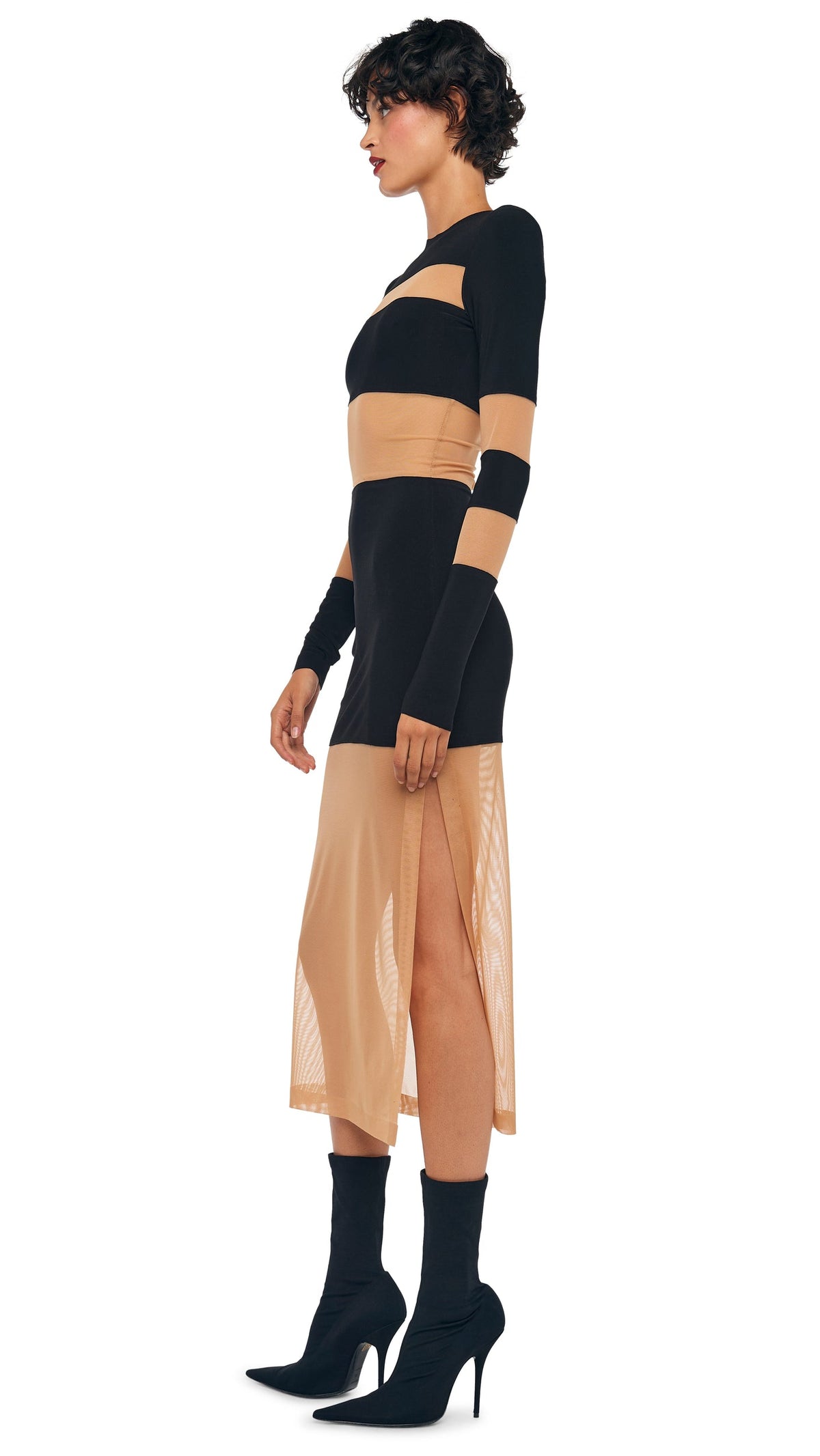 SPLICED INSERT DRESS TO MIDCALF Black/Nude Mesh | Norma Kamali Women