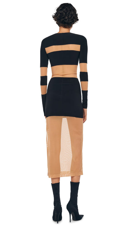 SPLICED INSERT DRESS TO MIDCALF Black/Nude Mesh | Norma Kamali Women