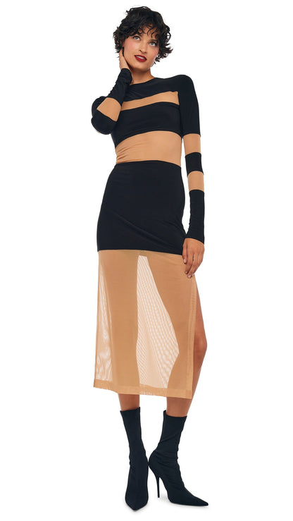 SPLICED INSERT DRESS TO MIDCALF Black/Nude Mesh | Norma Kamali Women