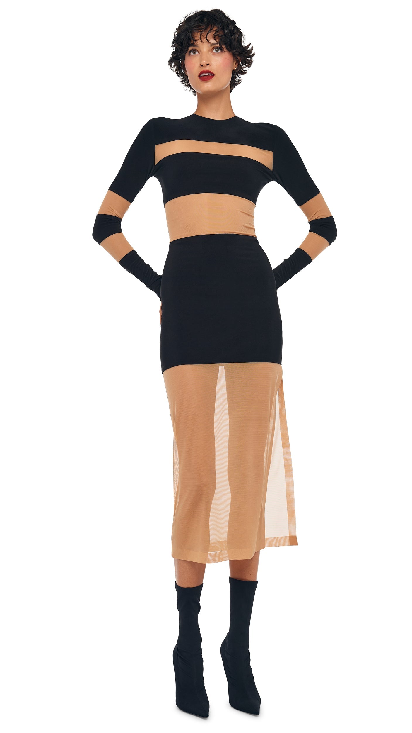SPLICED INSERT DRESS TO MIDCALF Black/Nude Mesh | Norma Kamali Women