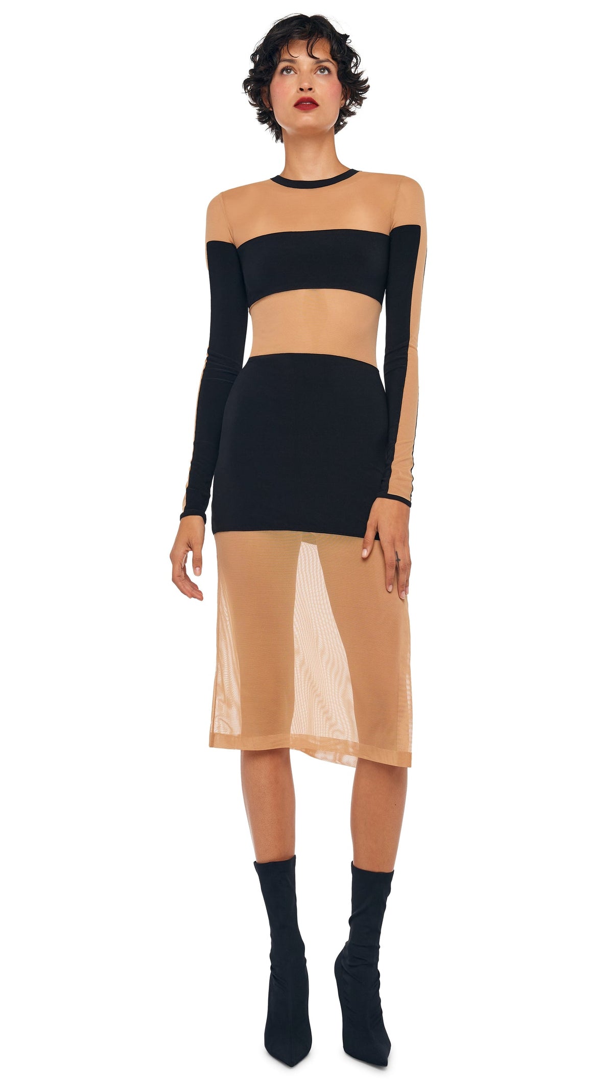 SPLICED INSERT DRESS TO KNEE Black/Nude Mesh | Norma Kamali Women