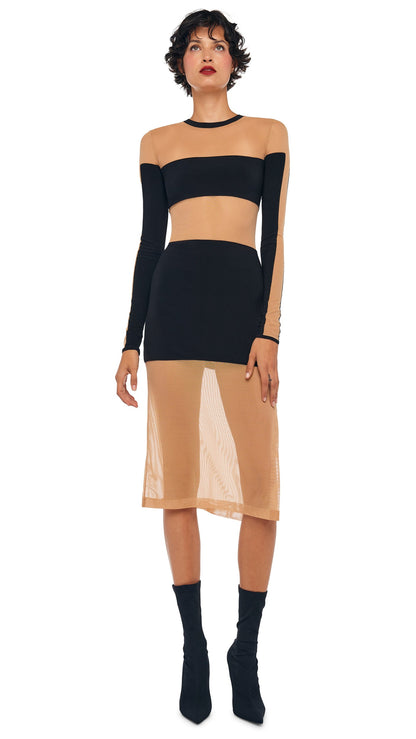SPLICED INSERT DRESS TO KNEE Black/Nude Mesh | Norma Kamali Women
