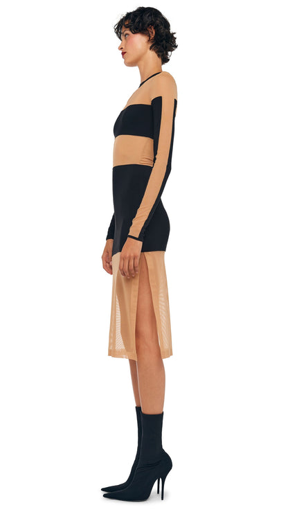 SPLICED INSERT DRESS TO KNEE Black/Nude Mesh | Norma Kamali Women