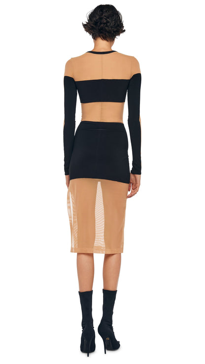 SPLICED INSERT DRESS TO KNEE Black/Nude Mesh | Norma Kamali Women