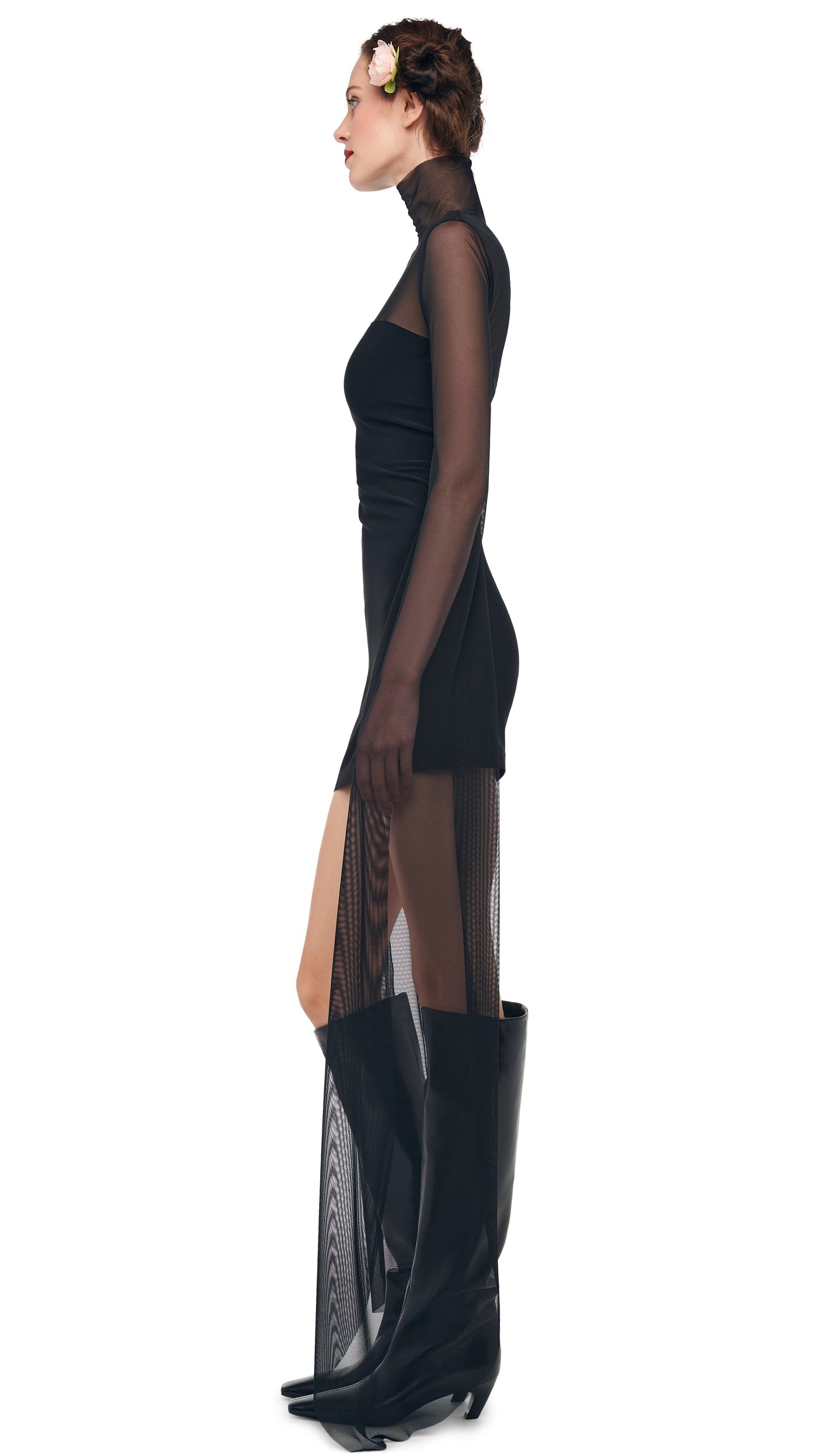 RIBBON SLEEVE TURTLE MINI DRESS Black | Norma Kamali Women