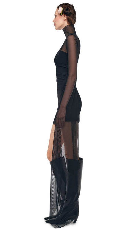 RIBBON SLEEVE TURTLE MINI DRESS Black | Norma Kamali Women
