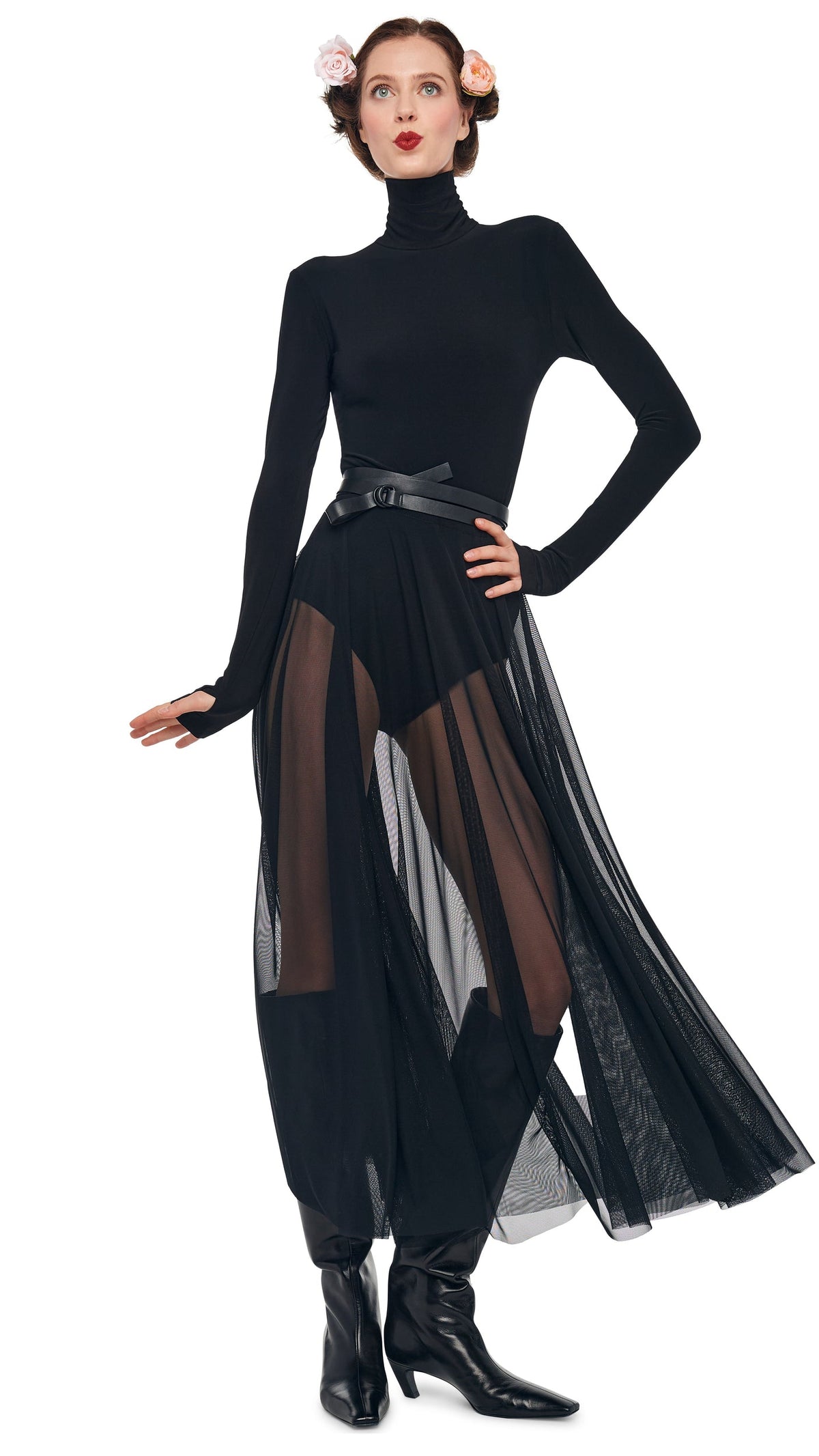 LS TURTLENECK FLARED MIDCALF DRESS Black | Norma Kamali Women