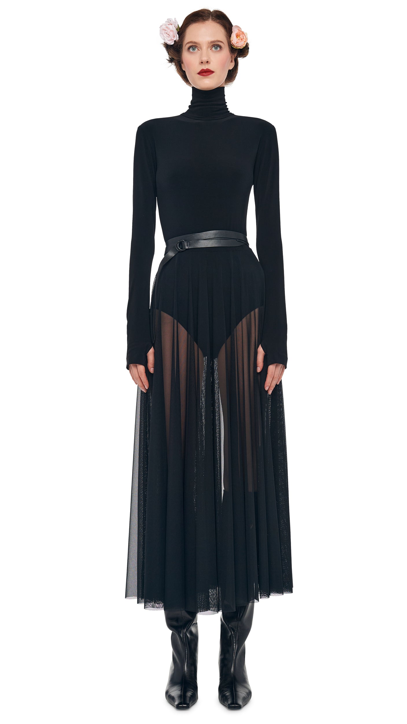 LS TURTLENECK FLARED MIDCALF DRESS Black | Norma Kamali Women