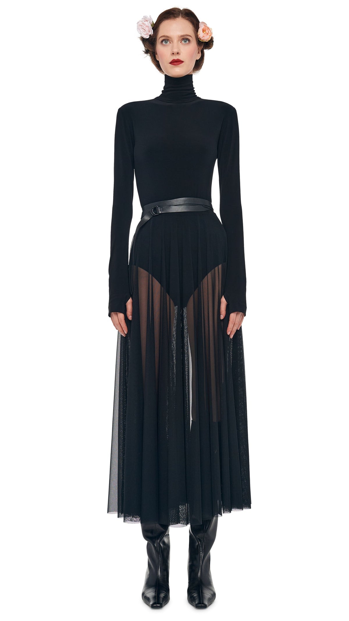 LS TURTLENECK FLARED MIDCALF DRESS Black | Norma Kamali Women