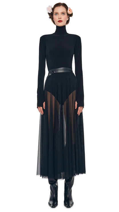 LS TURTLENECK FLARED MIDCALF DRESS Black | Norma Kamali Women