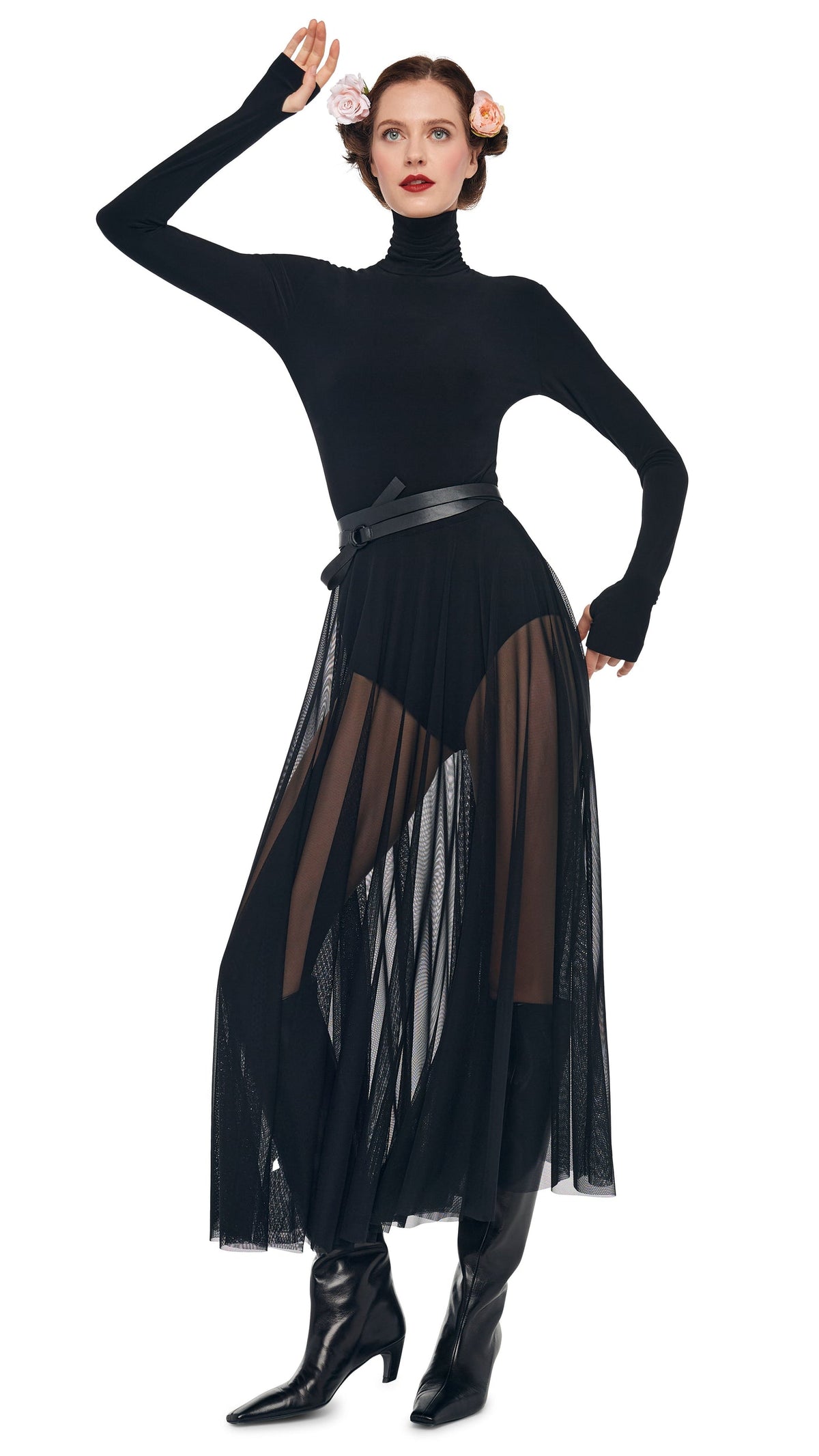 LS TURTLENECK FLARED MIDCALF DRESS Black | Norma Kamali Women