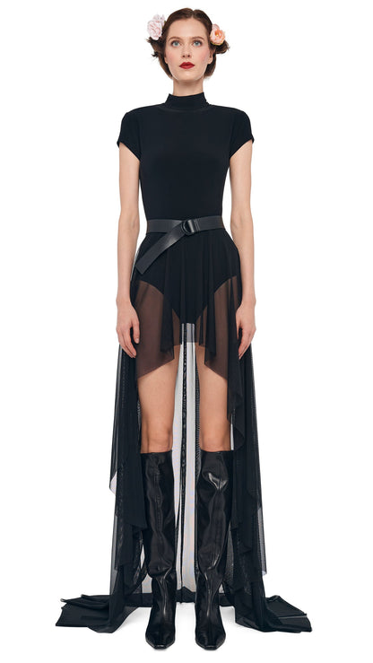 HI LOW MOCK NECK CAP SLEEVE GOWN Black | Norma Kamali Women