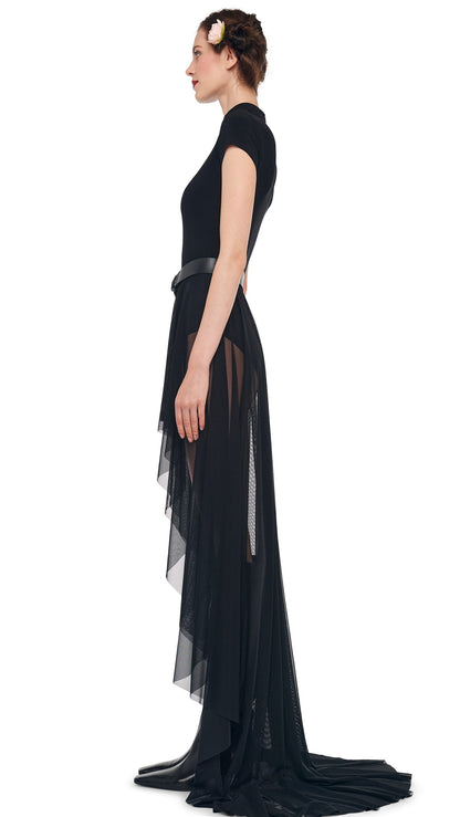 HI LOW MOCK NECK CAP SLEEVE GOWN Black | Norma Kamali Women