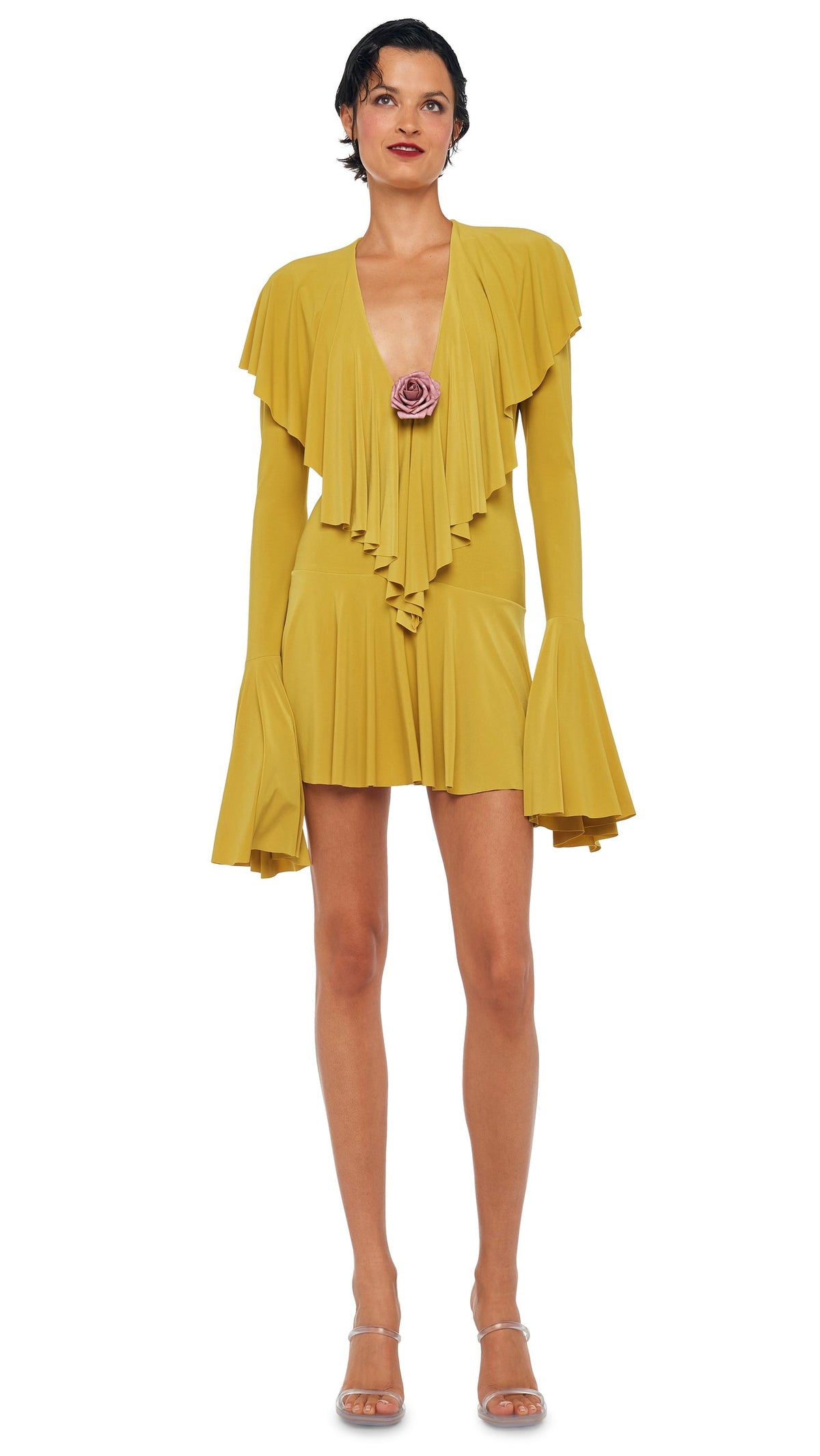 LONG SLEEVE DEEP V RUFFLE MINI DRESS Asparagus | Norma Kamali Women