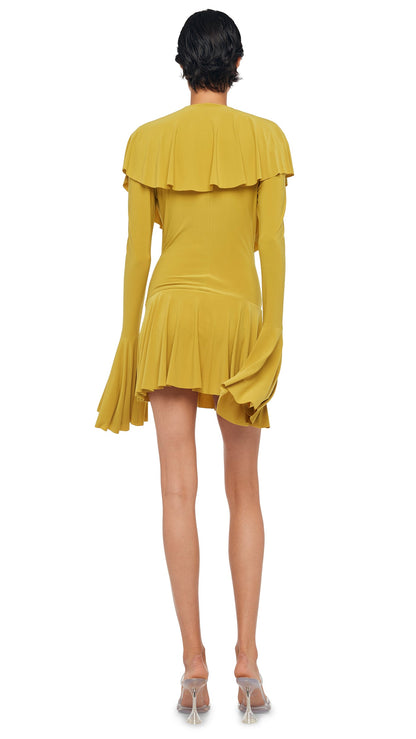 LONG SLEEVE DEEP V RUFFLE MINI DRESS Asparagus | Norma Kamali Women