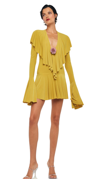 LONG SLEEVE DEEP V RUFFLE MINI DRESS Asparagus | Norma Kamali Women