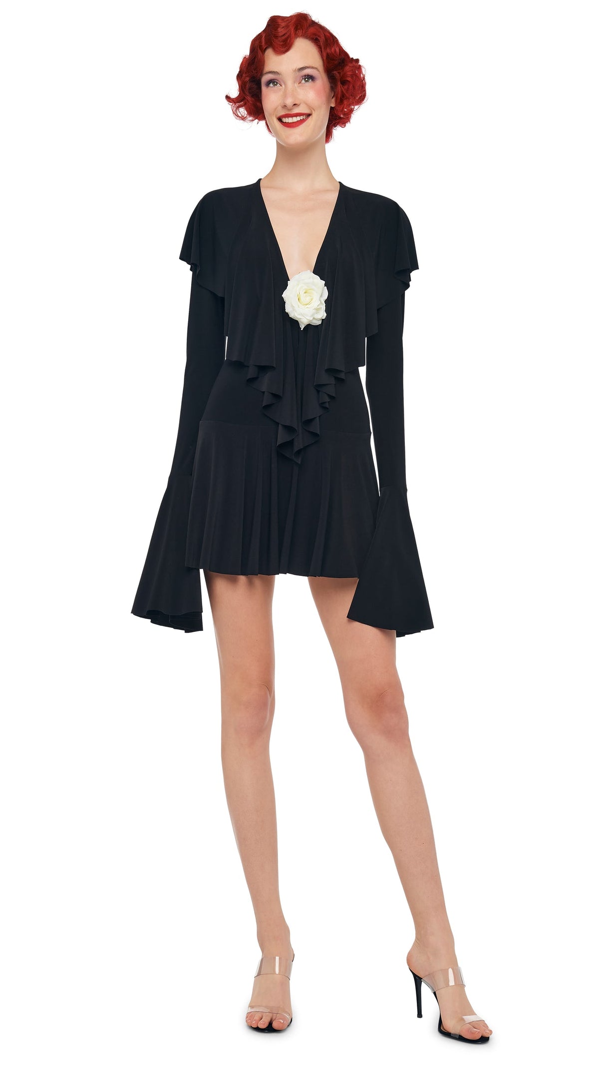 LS DEEP V RUFFLE MINI DRESS Black | Norma Kamali Women