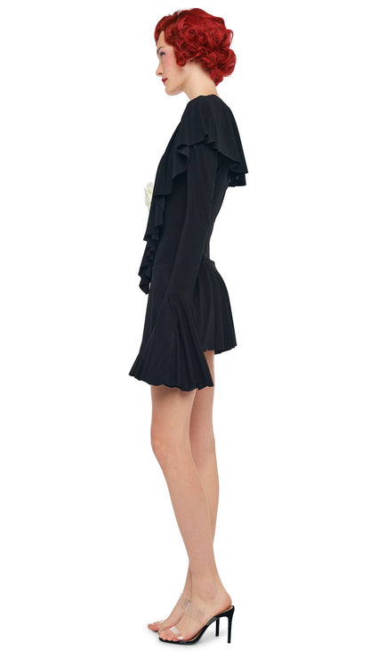 LS DEEP V RUFFLE MINI DRESS Black | Norma Kamali Women