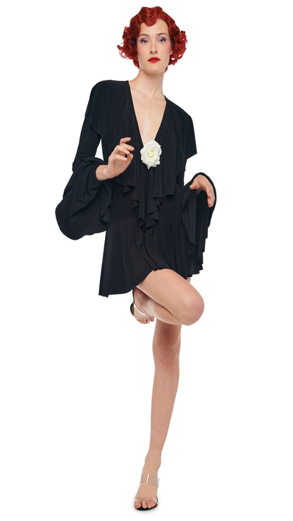 LS DEEP V RUFFLE MINI DRESS Black | Norma Kamali Women