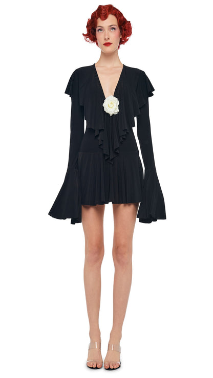 LS DEEP V RUFFLE MINI DRESS Black | Norma Kamali Women