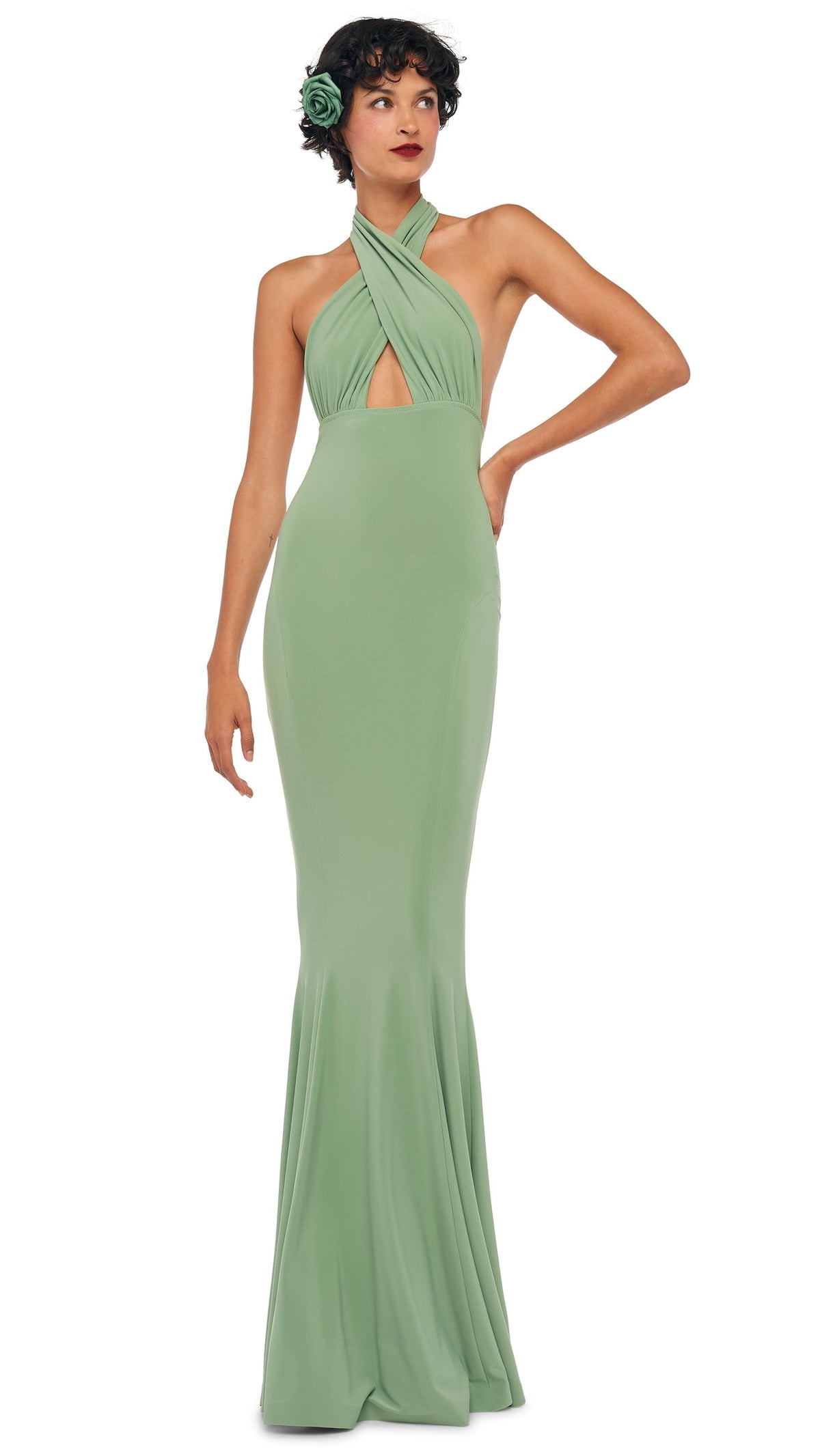 CROSS HALTER FISHTAIL GOWN Vintage Green | Norma Kamali Women
