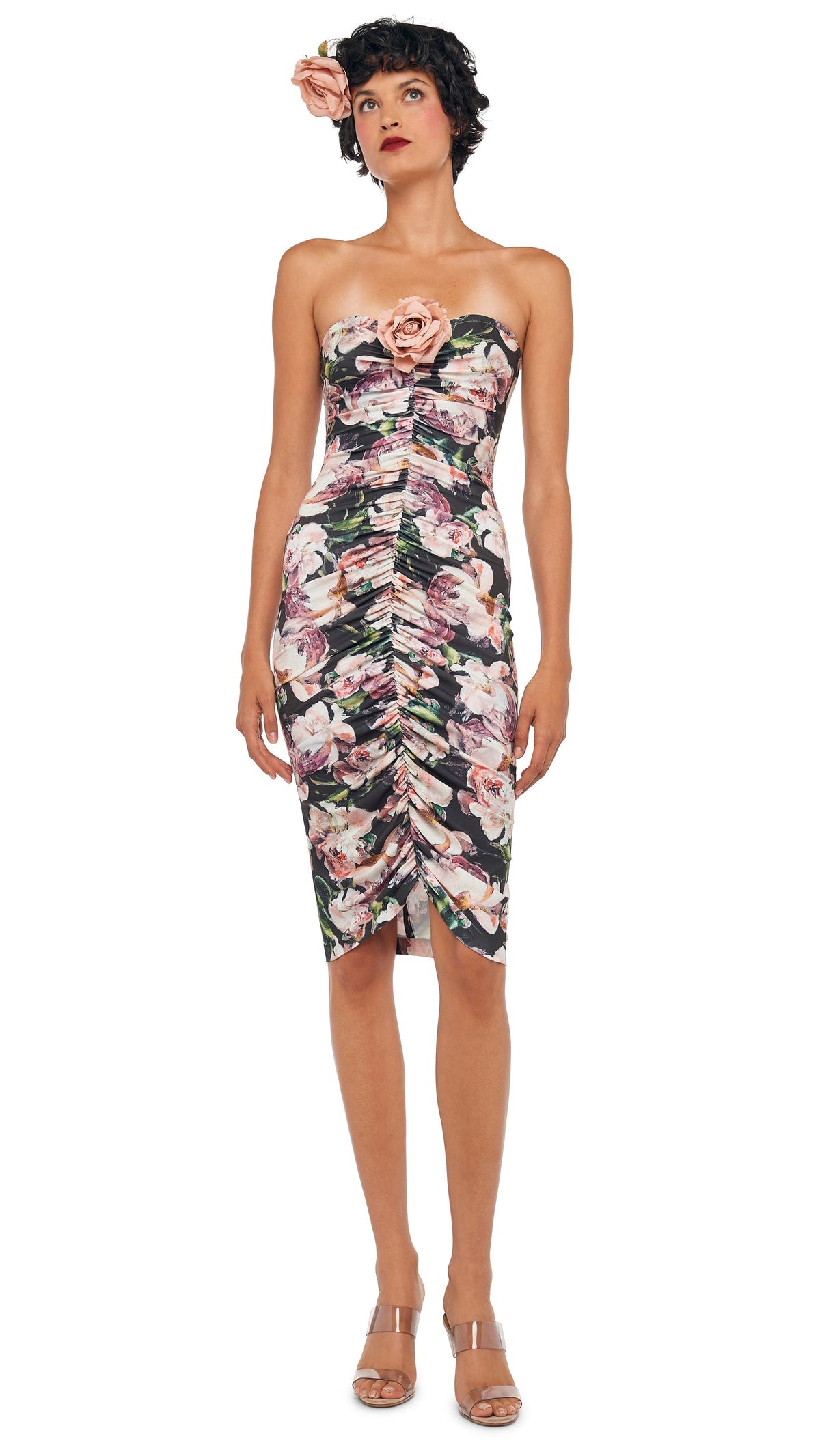 STRAPLESS SHIRRED FRONT DRESS Peony | Norma Kamali Women
