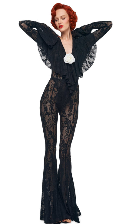 LONG SLEEVE DEEP V RUFFLE BODYSUIT Black | Norma Kamali Women