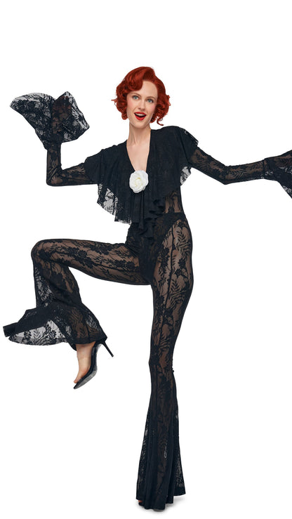 LONG SLEEVE DEEP V RUFFLE BODYSUIT Black | Norma Kamali Women