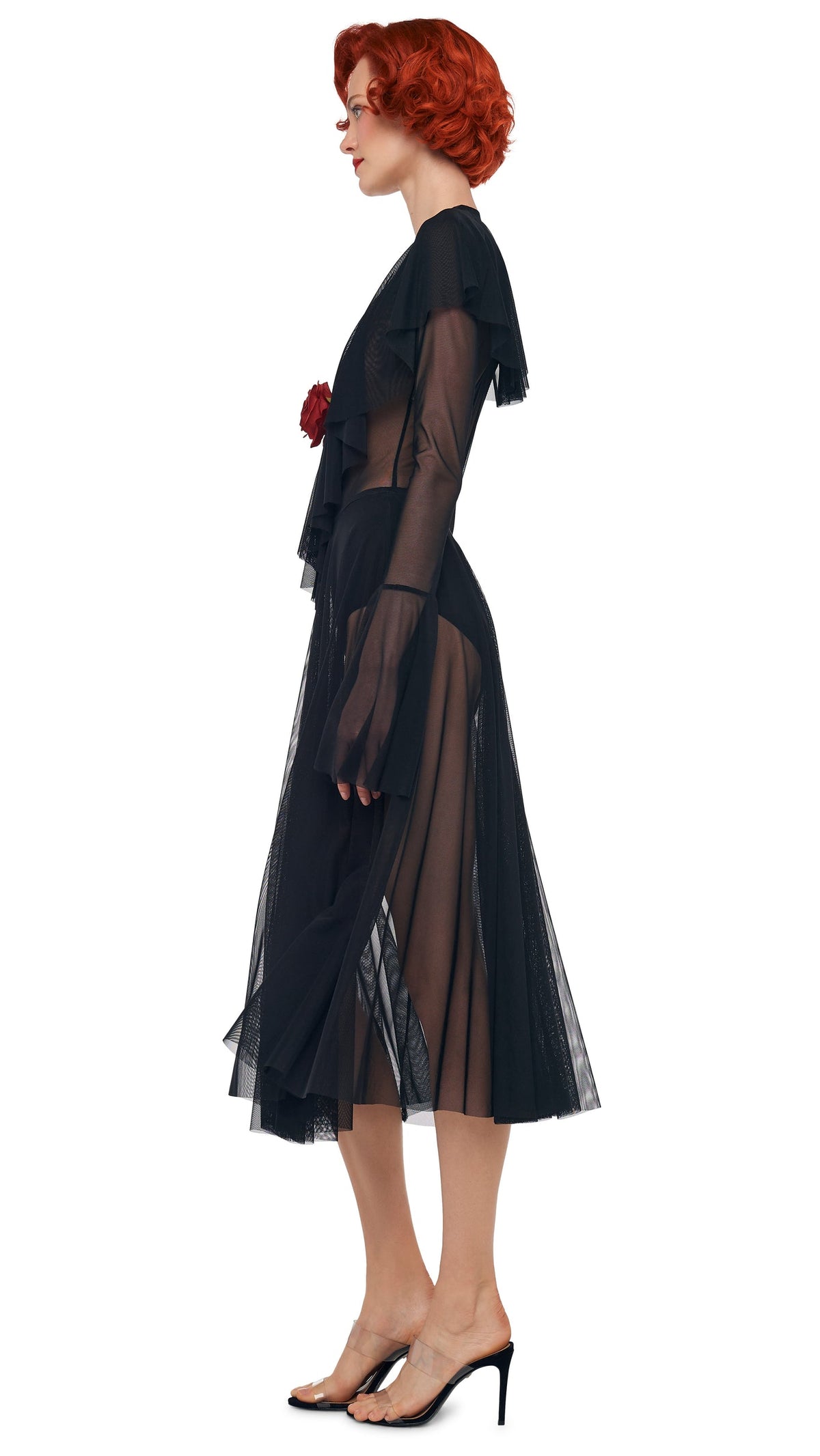 LONG SLEEVE DEEP V RUFFLE BODYSUIT Black | Norma Kamali Women